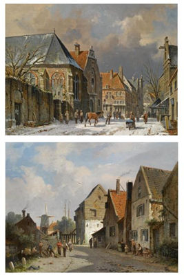FIGURES IN THE SNOW COVERED STREETS OF A DUTCH TOWN; FIGURES IN A DUTCH TOWN IN SUMMER (A PAIR) by Adrianus Eversen - Auction record, sale price, and art valuation. Compare with similar artists and explore comparable artworks.