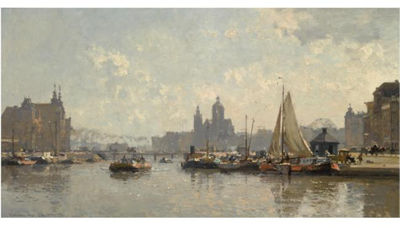 MOORED BOATS ON THE PRINS HENDRIKKADE IN AMSTERDAM, THE SINT NICOLAAS CHURCH IN THE BACKGROUND by Cornelis Vreedenburgh - Auction record, sale price, and art valuation. Compare with similar artists and explore comparable artworks.