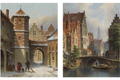 A VIEW ON THE LANGBRUGSTEEG IN AMSTERDAM ON A SUMMER'S DAY; FIGURES IN THE SNOW COVERED STREETS OF A DUTCH TOWN (A PAIR)