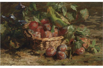 A STILL LIFE WITH PLUMS IN A BASKET