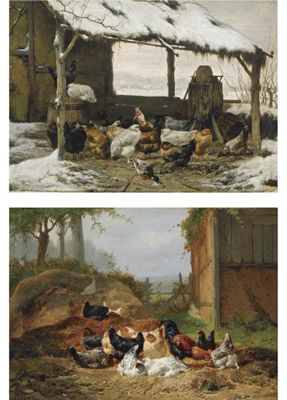 POULTRY IN A SNOW COVERED SHED; POULTRY IN A SUNLIT FARMYARD (A PAIR)