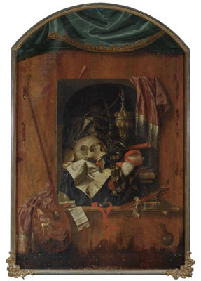 A TROMPE L'OEIL WITH A PAINTING OF A VANITAS STILL LIFE WITH A SKULL, A SILVER GILT CHALICE