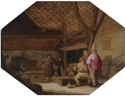 A BARN INTERIOR WITH PEASANTS CONVERSING AND PLAYING BALL