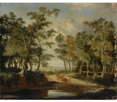 A WOODED LANDSCAPE WITH A SHEPHERD AND HIS HERD ON A PATH, NEAR A PUDDLE