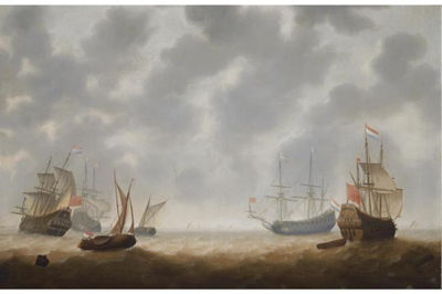 FOUR GALLEY FRIGATES AND TWO SMALLSHIPS IN CHOPPY SEAS, SHIPPING AT THE HORIZON