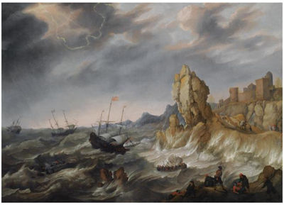 SHIPPING IN A HEAVY STORM ALONG A ROCKY COAST, WITH SHIPWRECKED FIGURES CLIMBING ON SHORE IN THE FOREGROUND, A VIEW OF A TOWN BEYOND