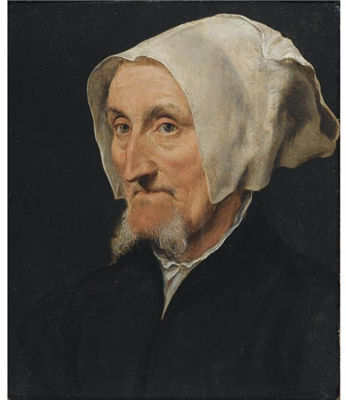 A PORTRAIT OF MARGRET HALSEBER OF BASEL, 'THE LADY WITH THE TWO BEARDS', HEAD AND SHOULDERS, WEARING A WHITE HEADDRESS