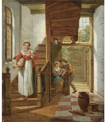 AN INTERIOR SCENE WITH A MAID EAVESDROPPING ON THE STAIRS ON AN AMOROUS COUPLE, A VIEW OF A COURTYARD BEYOND