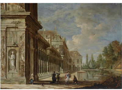 A PALACE CAPRICCIO BESIDE A FOUNTAIN WITH A SOLDIER AND ELEGANT FIGURES IN THE FOREGROUND