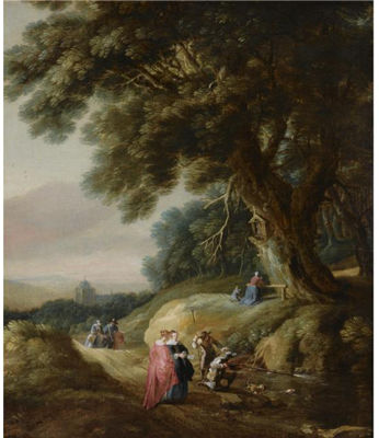 A WOODED LANDSCAPE WITH ELEGANT TRAVELLERS AND HUNTSMEN ON A PATH, WITH A WOMAN AND A CHILD PRAYING AT A SHRINE