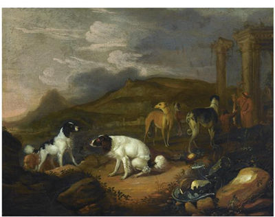 A SOUTHERN LANDSCAPE WITH THREE SPANIELS AND OTHER HOUNDS, TWO HUNTSMEN WITH A DEAD HARE IN THE BACKGROUND, NEAR CLASSICAL RUINS