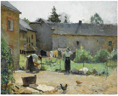 WOMEN HANGING THE LAUNDRY OUT TO DRY IN A COURTYARD