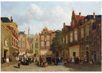 THE DAILY MARKET ON THE GROENMARKT WITH THE ST. JACOBSKERK IN THE BACK, THE HAGUE