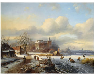 A WINTER LANDSCAPE WITH SKATERS ON THE ICE, A TOWN IN THE DISTANCE