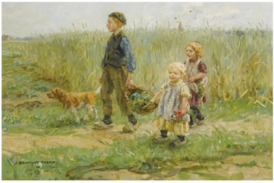 CHILDREN STROLLING IN THE FIELDS