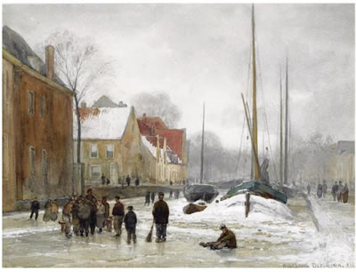 FIGURES ON A FROZEN CANAL IN A WINTRY TOWN