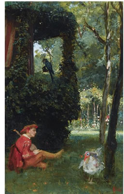 A JESTER PLAYING THE LUTE IN A GARDEN by Augustus Allebe - Auction record, sale price, and art valuation. Compare with similar artists and explore comparable artworks.