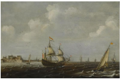 A DUTCH THREEMASTER AND OTHER SHIPPING IN CHOPPY WATERS