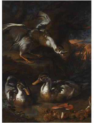 THREE DUCKS IN A WOODED LANDSCAPE, WILD MUSHROOMS IN THE FOREGROUND