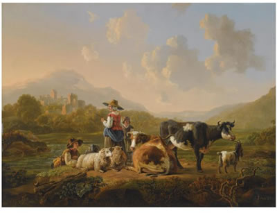 A SOUTHERN HILLY LANDSCAPE WITH SHEPHERDS RESTING WITH THEIR HERD, A VIEW OF RUINS BEYOND