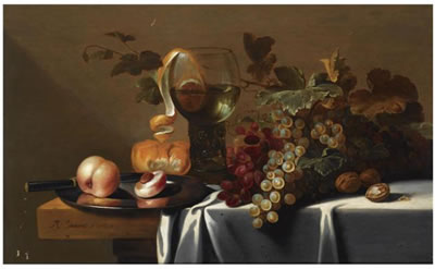 STILL LIFE WITH BLUE AND WHITE GRAPES, CHESTNUTS, A LOAF OF BREAD