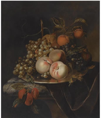 A STILL LIFE OF BLUE AND WHITE GRAPES, PEACHES, PLUMS, A PEAR AND A POMEGRANATE