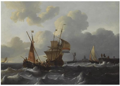 DUTCH SHIPPING IN CHOPPY WATERS NEAR A DUTCH VILLAGE