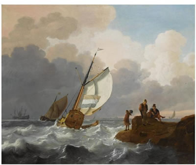 DUTCH SAILING VESSELS IN CHOPPY WATERS, FISHER FOLK ON THE ROCKS IN THE FOREGROUND, A VIEW OF A TOWN BEYOND