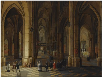 A CHURCH INTERIOR OF THE CATHEDRAL OF ANTWERP WITH A PROCESSION IN THE FOREGROUND AND BEGGARS SEATED TO THE LEFT