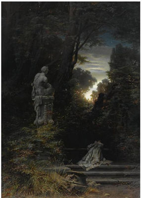 A WOMAN AT A FOUNTAIN WITH RISING MOON