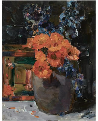 A STILL LIFE WITH MARIGOLD AND DELPHINIUM IN A BOWL