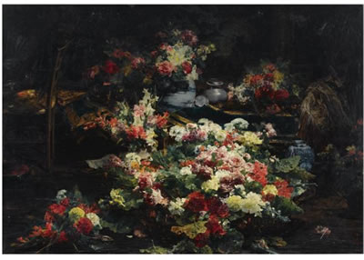 AN ABUNDANCE OF FLOWERS IN THE ARTIST'S STUDIO