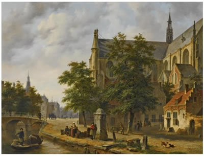 FIGURES NEAR A CHURCH IN A DUTCH TOWN