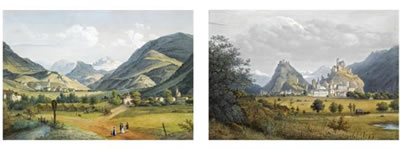 A VILLAGE IN THE MOUNTAINS; FIGURES IN A MOUNTAINOUS LANDSCAPE (A PAIR) (2)