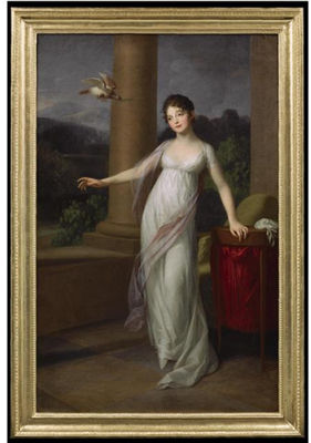 PORTRAIT OF AMALIE VON LEVETZOW, NÉE VON BRÖSIGKE, LATER COUNTESS OF KLEBELSBERG (1788-1868), STANDING FULL LENGTH ON A TERRACE, WEARING A WHITE SILK DRESS WITH A PINK SHAWL, WITH A DOVE