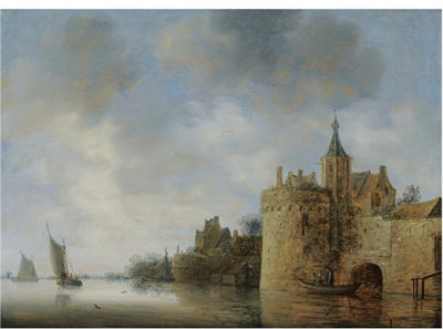 A RIVER ESTUARY WITH TWO FISHERMEN IN A ROWING BOAT NEAR A FORTIFIED TOWN, SAILING VESSELS BEYOND