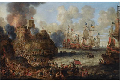 THE SIEGE OF A LEVANTINE CASTLE WITH NUMEROUS FIGURES IN BATTLE, WARSHIPS IN CHOPPY WATERS BEYOND