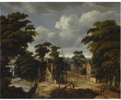 A VIEW OF A VILLAGE IN A FOREST LANDSCAPE, WITH AN INN ON THE BANKS OF A RIVER AND FIGURES BATHING ON THE LEFT, OTHER FIGURES ON A PATH, A CHURCH TOWER BEYOND