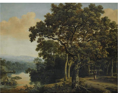 A WOODED LANDSCAPE WITH A GYPSY WOMAN WITH TWO CHILDREN ON A PATH, BESIDE A LAKE AT SUNSET