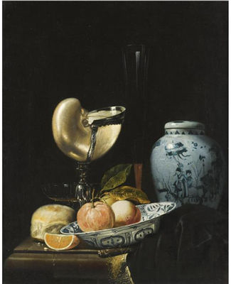 STILL LIFE WITH PEACHES AND AN ORANGE IN A PORCELAIN WAN-LI KRAAK BOWL, A CHINESE OVOID SHAPED PORCELAIN JAR, AND A SILVER-GILT NAUTILUS CUP, TOGETHER WITH A FLUIT AND ANOTHER GLASS, A BREAD ROLL AND A KNIFE, ALL ON A STONE TABLE PARTLY DRAPED WITH A BLAC