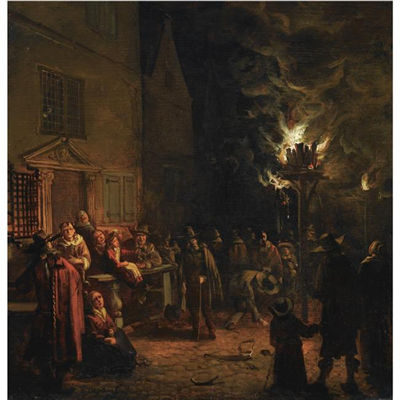 A NOCTURNAL VILLAGE SCENE ON THE OUDE DELFT, WITH NUMEROUS FIGURES GATHERED AROUND A BURNING TAR-BARREL