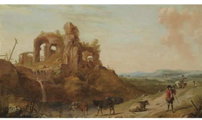TALIANATE LANDSCAPE WITH SHEPHERDS AND CATTLE AMONG ROMAN RUINS