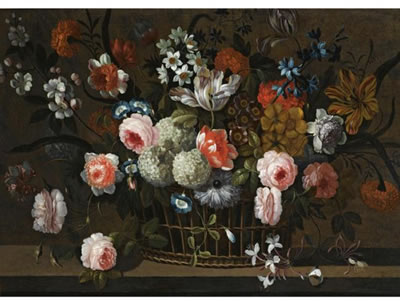 STILL LIFE OF ROSES, DAFFODILS, MORNING GLORY, HYDRANGEA, SNOWBALLS, AND OTHER FLOWERS IN A BASKET ON A STONE LEDGE by Simon Hardime - Auction record, sale price, and art valuation. Compare with similar artists and explore comparable artworks.