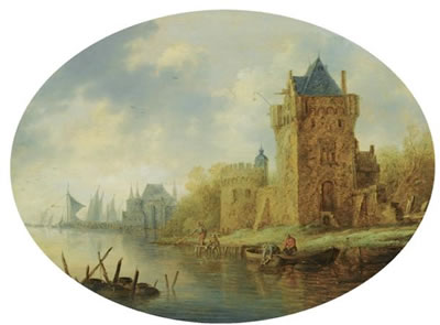 A RIVER LANDSCAPE WITH A FORTIFIED TOWN ON THE RIVER BANKS, FISHERMEN IN THE FOREGROUND, SHIPPING BEYOND; Oval by Pieter Neyn - Auction record, sale price, and art valuation. Compare with similar artists and explore comparable artworks.
