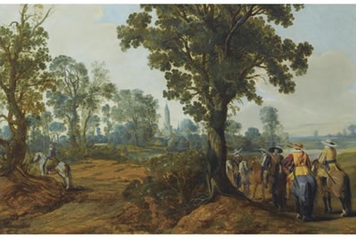 A WOODED LANDSCAPE WITH MOUNTED SOLDIERS, A CHURCH TOWER BEYOND; a pair (2)