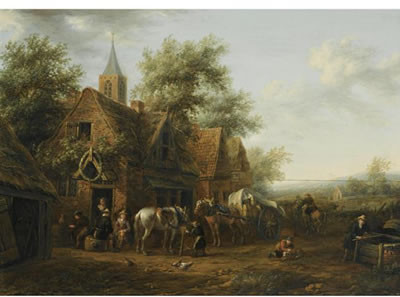 TRAVELLERS RESTING OUTSIDE AN INN, A BOY TENDING THE CARTHORSES