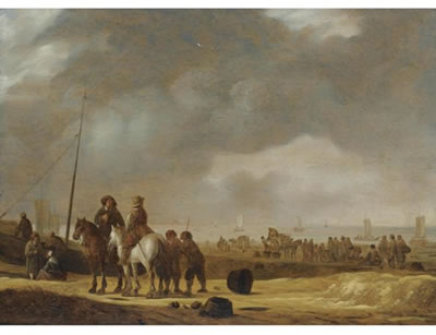 BEACH SCENE WITH TWO HORSEMEN CONVERSING, FISHERFOLK UNLOADING CARTS, SAILING VESSELS BEYOND