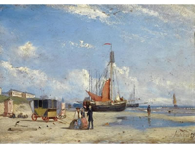 FIGURES ON SCHEVENINGEN BEACH NEAR THE BADHOTEL AND PAVILJOEN VON WIED