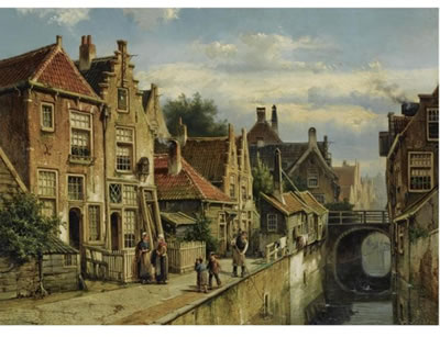 FIGURES ON A QUAY IN A SUNLIT TOWN, POSSIBLY HAARLEM