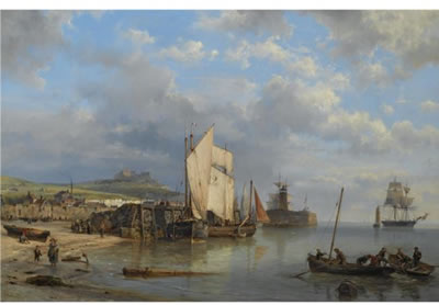 A HARBOUR SCENE AT LOW TIDE